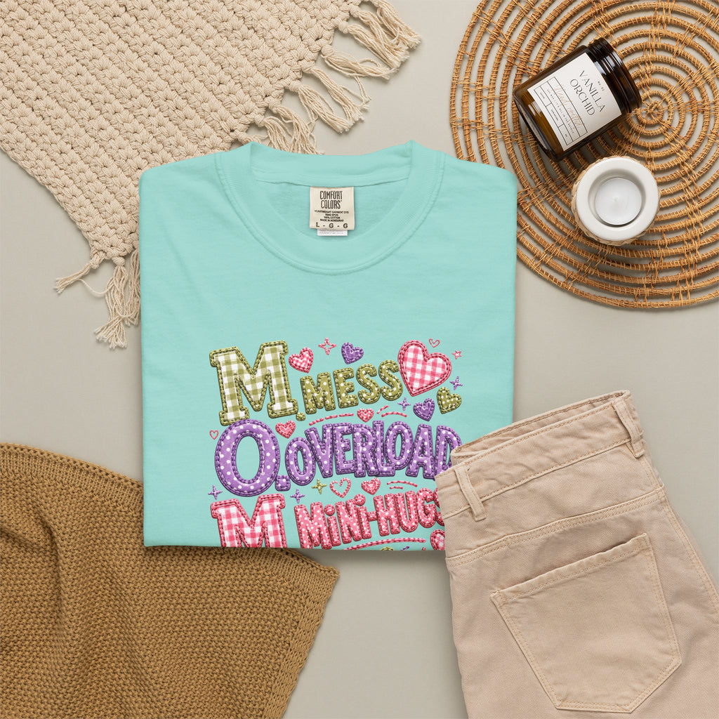 Mess, Overload, Mini-Hugs Hugs T-Shirt — Cute Hand-Lettered Mom Vibes Tee