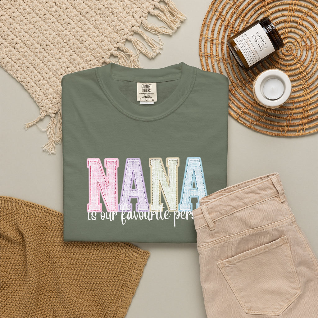 Nana Pastel Patchwork Tee — Soft White "NANA" Graphic T-Shirt for Grandmothers