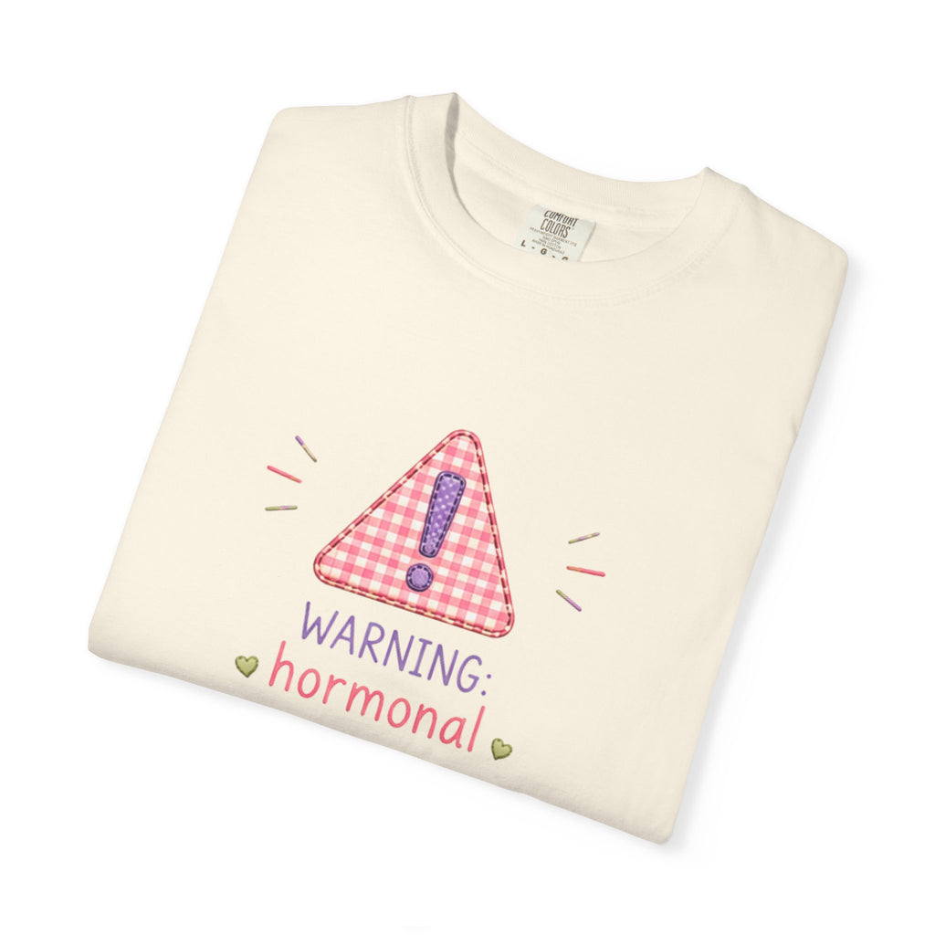 T-Shirt — "Warning: Hormonal" Cute Pink Gingham Alert Graphic