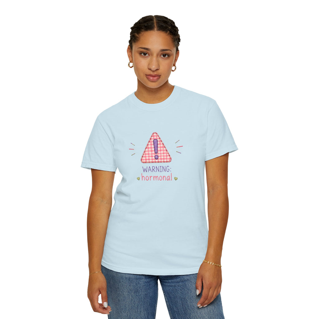 T-Shirt — "Warning: Hormonal" Cute Pink Gingham Alert Graphic