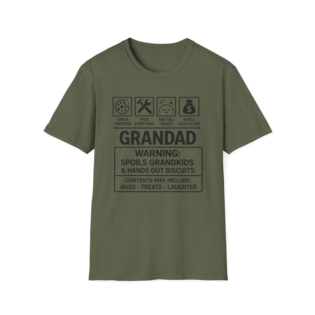 Grandad Warning T-Shirt — 'Warning: Spoils Grandkids & Hands Out Biscuits' Funny Grandpa Shirt