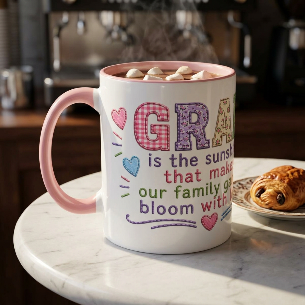 Accent Coffee Mug — "Gran: Is The Sunshine" Embroidered Heart Design (11/15oz)