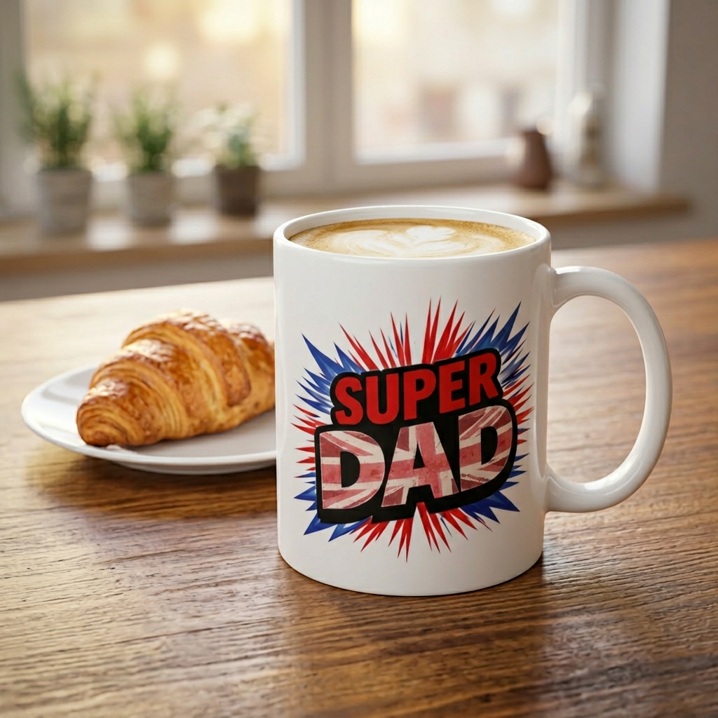 Super Dad Ceramic Coffee Mug — Union Jack themed Patriotic Red & Blue 11oz/15oz Father’s Day Gift
