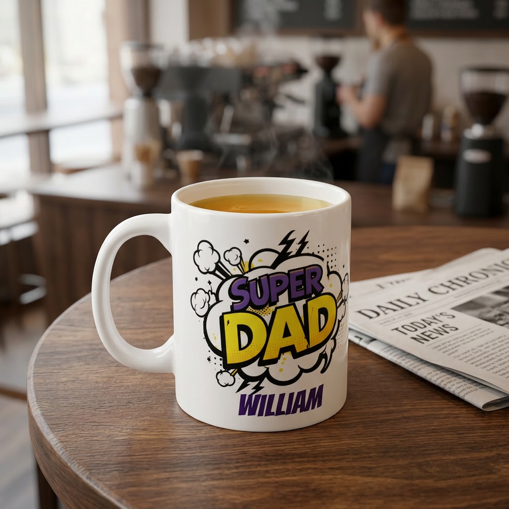 Super Dad Mug — Personalized "William" Comic Book Style Father's Day Gift