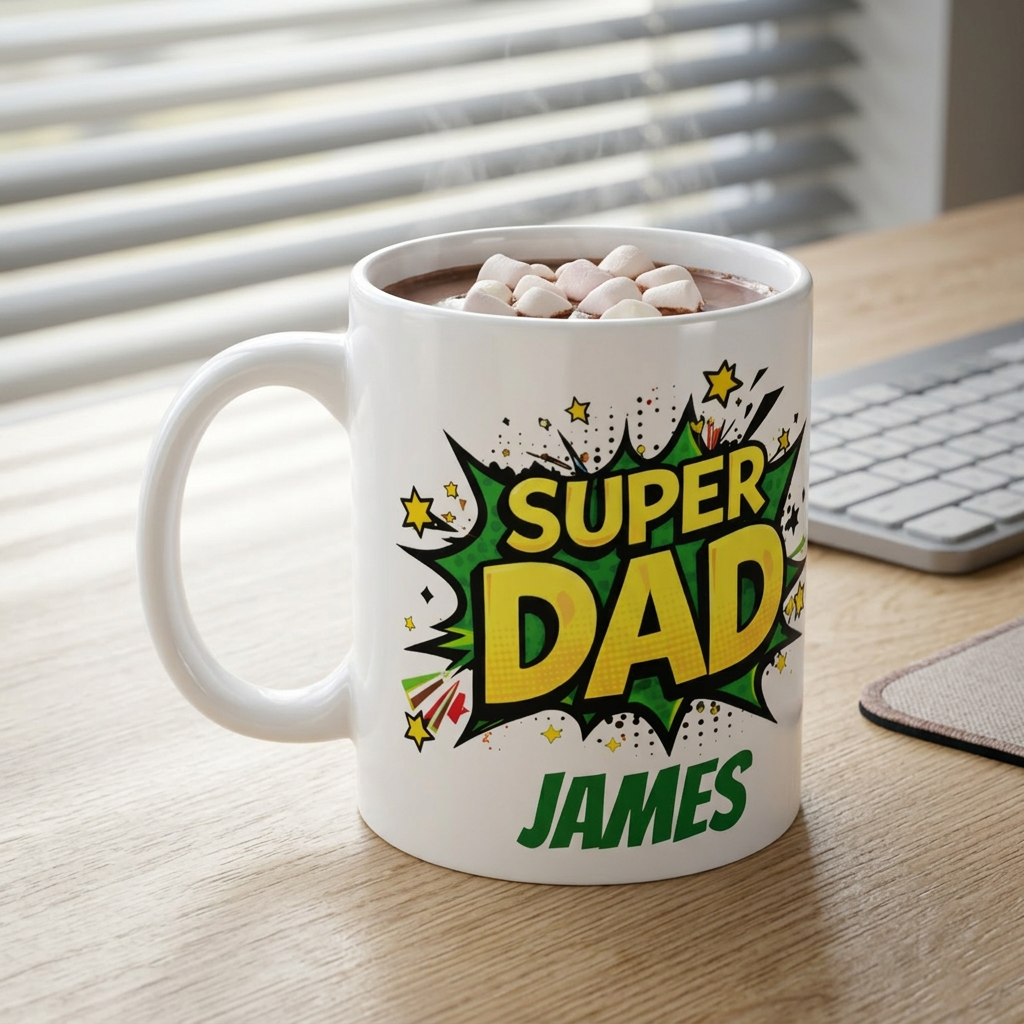 Super Dad Mug — Personalized 'Super Dad' Comic-Style Coffee Cup (Custom Name: James)