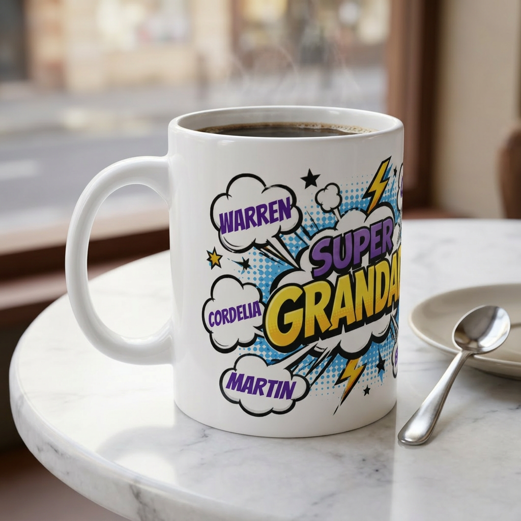 Super Grandad Comic-Style Personalized Mug — Custom Names Gift