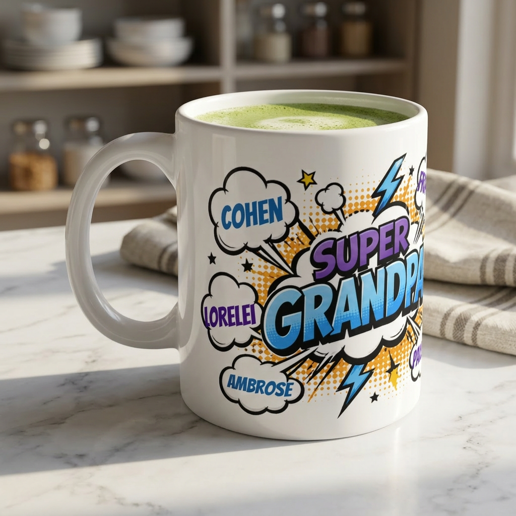 Super Grandpa Comic-Style Mug — Personalized Names Coffee Cup