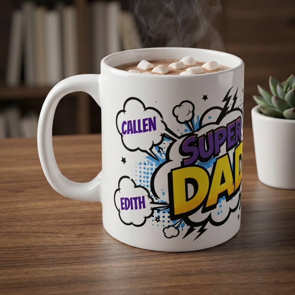 Super Dad Comic Name Mug — Personalized Kids’ Names Father’s Day Gift