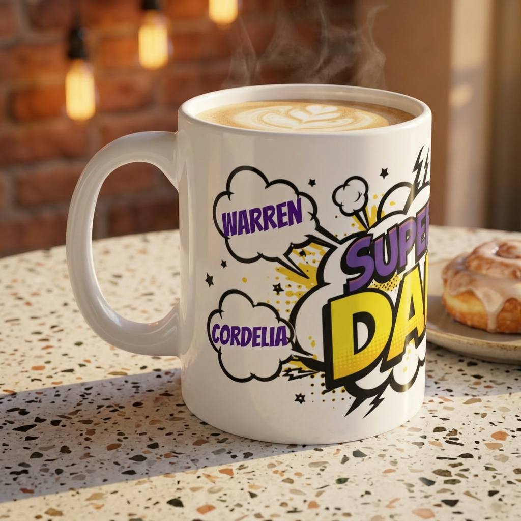 Super Dad Comic-Style 11oz Coffee Mug — Personalized Names (e.g., Warren, Cordelia)