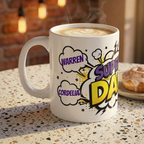 Super Dad Comic-Style 11oz Coffee Mug — Personalized Names (e.g., Warren, Cordelia)