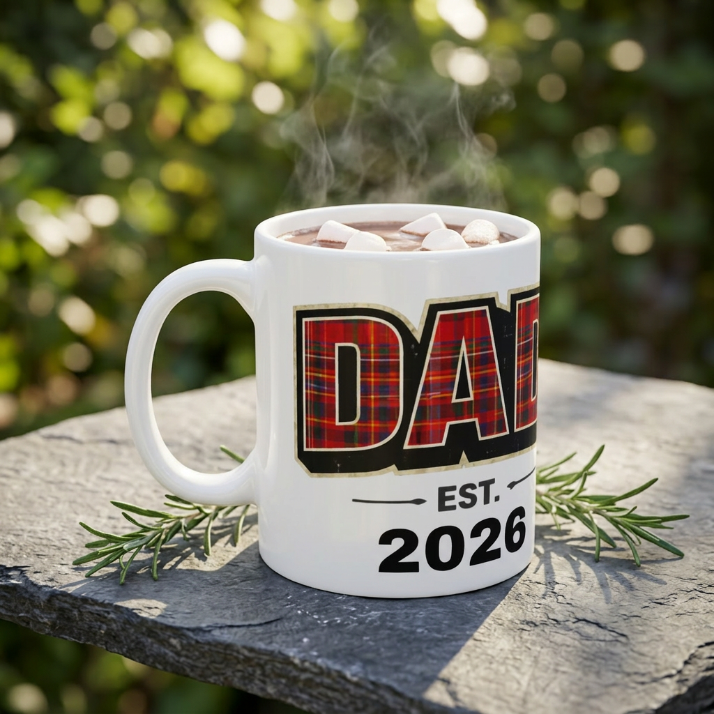 Dad Plaid Mug – 'DAD' with Red Tartan Pattern, Established 2026 Coffee Cup