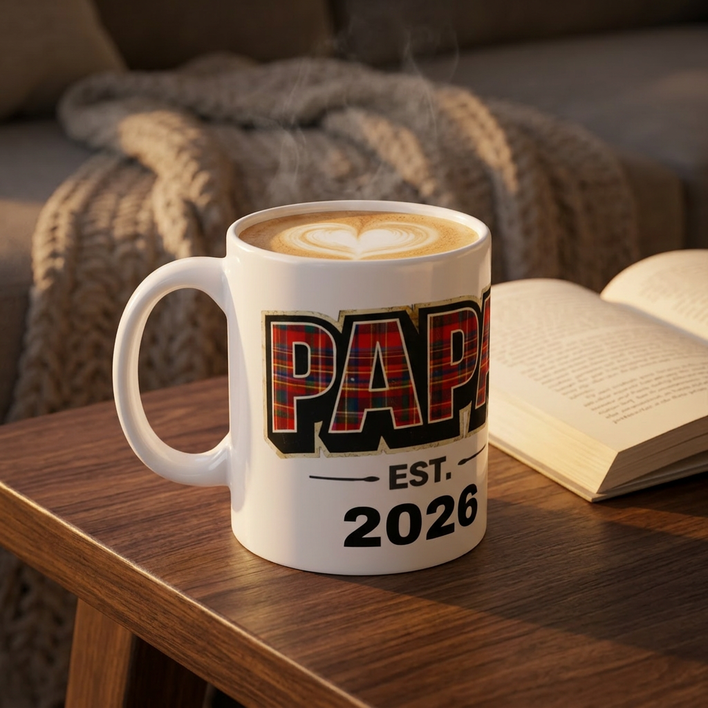 Papa Plaid Mug — 'Papa Est. 2026' Coffee Cup, New Dad Gift