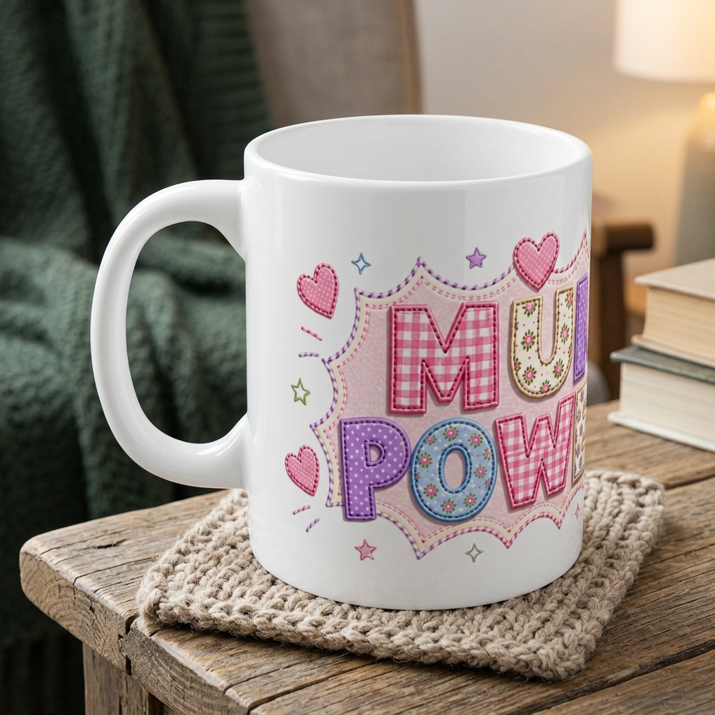 Mug - 'Mum Power' Colorful Patchwork Hearts Coffee Cup