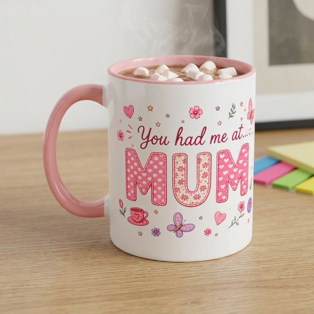 Cute Pink "You had me at MUM" Accent Coffee Mug — Floral Butterfly Mother's Day Gift (11/15oz)