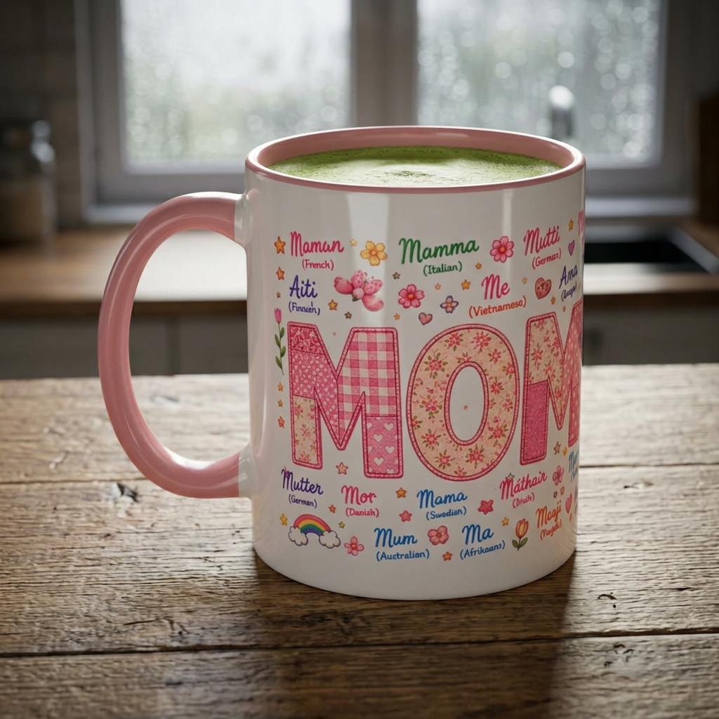 Mother’s Day Accent Coffee Mug — 'Mom' in Many Languages, Floral Multicolor Design