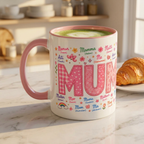 MUM Multilingual Accent Coffee Mug – 'Mum' in Many Languages, Pink Interior (11/15oz)