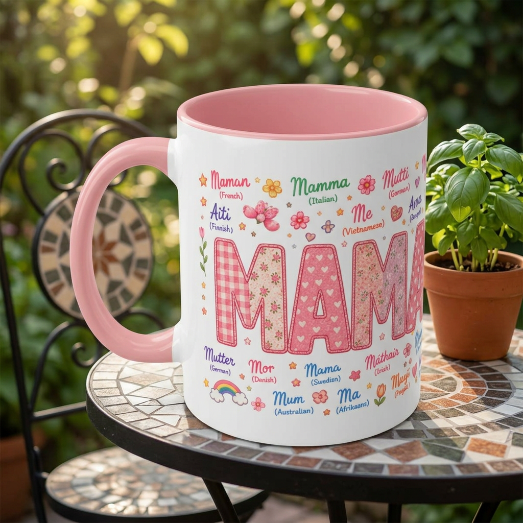 "MAMA" Multilingual Accent Coffee Mug — Pink Inside (11/15oz)