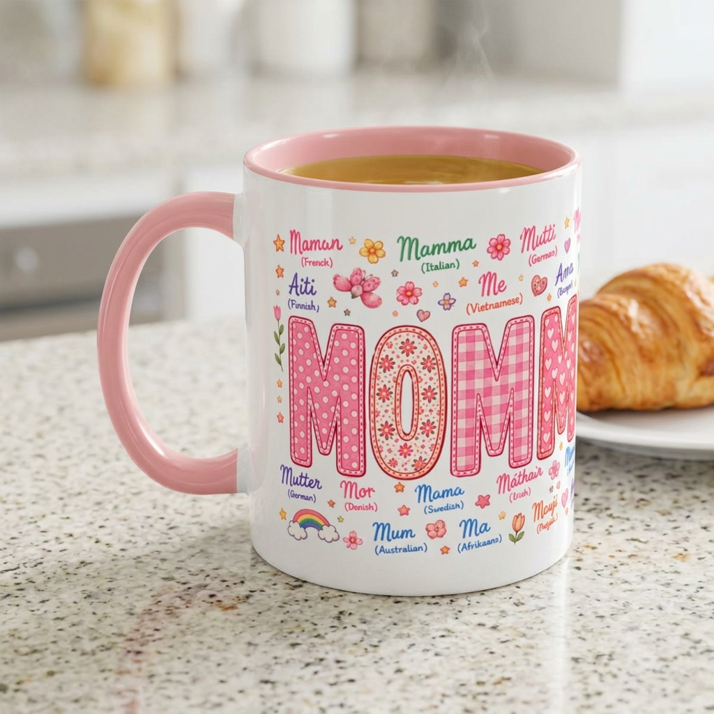 "MOMMY" Accent Coffee Mug – Multilingual 'Mom' Floral Pink 11/15oz