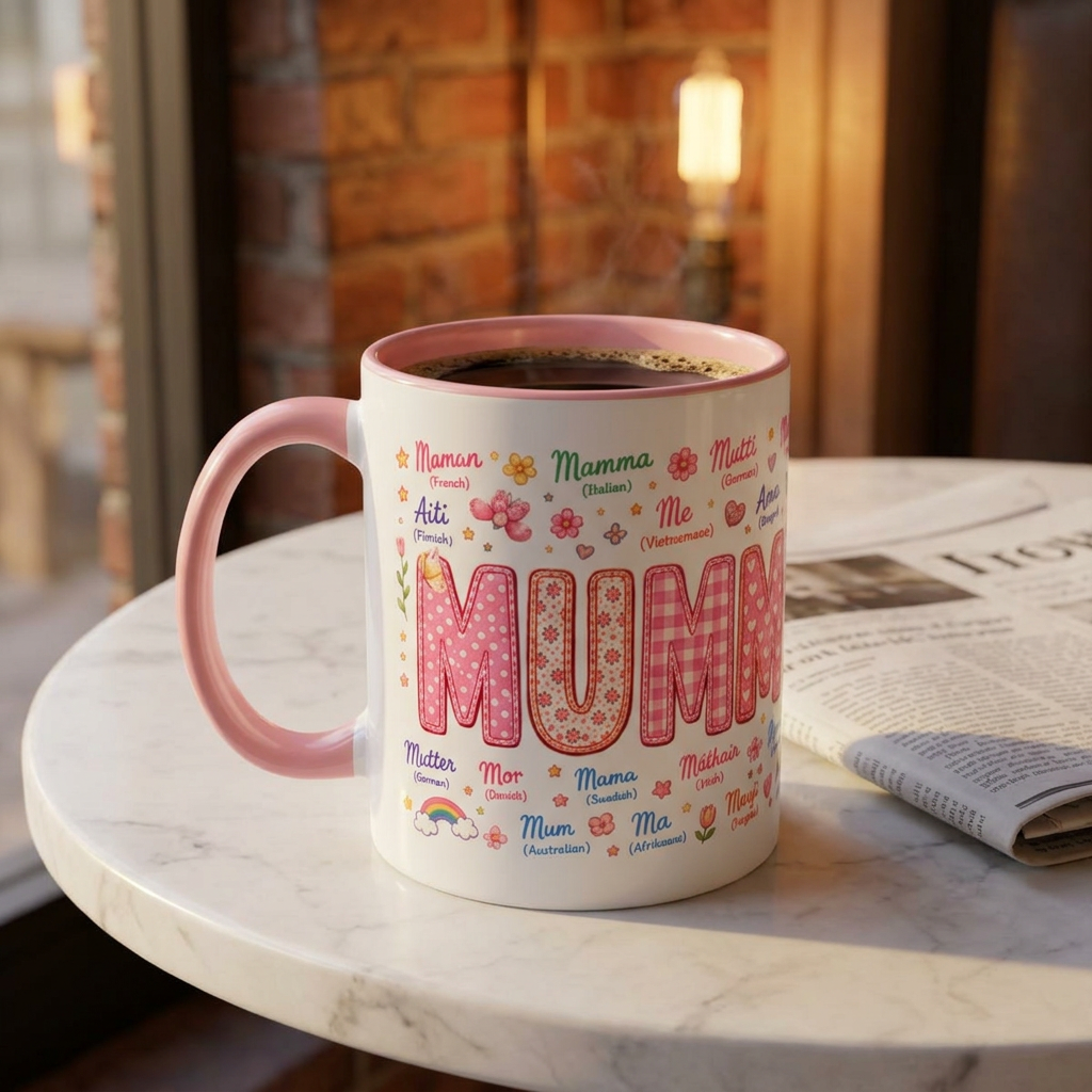 Mommy Coffee Mug — Colorful Multilingual 'Mom' Names Floral Accent 11/15oz