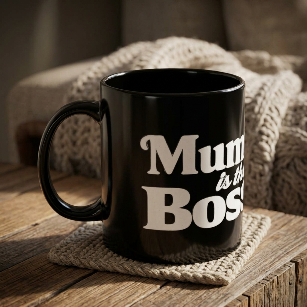 Black Mug - 'Mum is the Boss' Retro White Script Coffee Cup