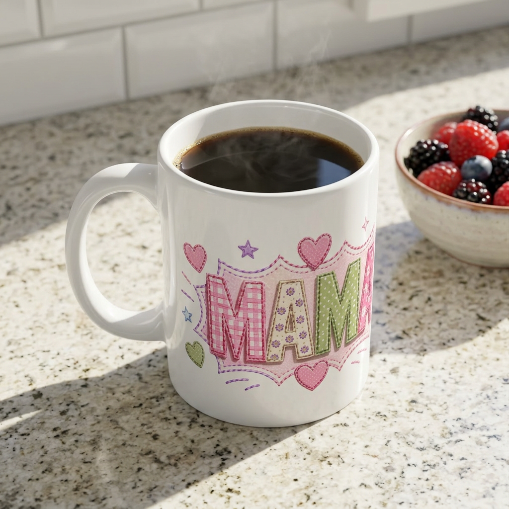 Mama Patchwork Mug — Cute Quilted Floral Hearts Coffee Cup for Mom (Mother’s Day Gift)