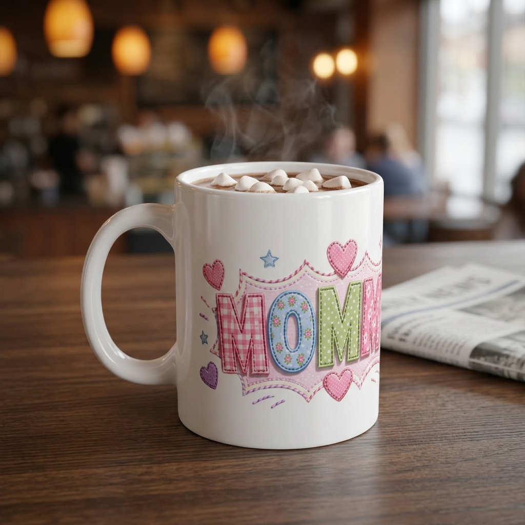 Pastel Quilted 'MOM' Mug — 11oz Ceramic Mother's Day Coffee Cup