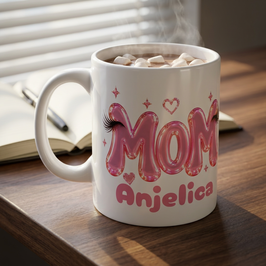 MOM Personalized Pink Balloon Eyelashes Mug