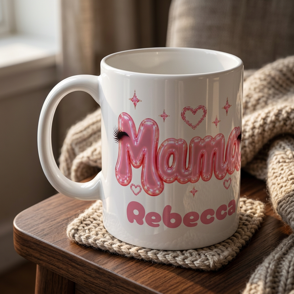 MAMA Personalised Pink Balloon Eyelashes Mug