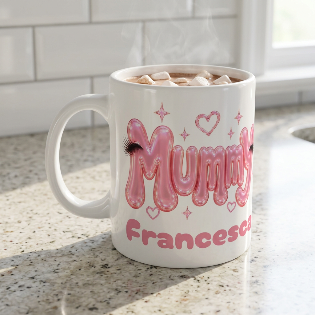 MUMMY Personalised Pink Balloon Eyelashes Mug