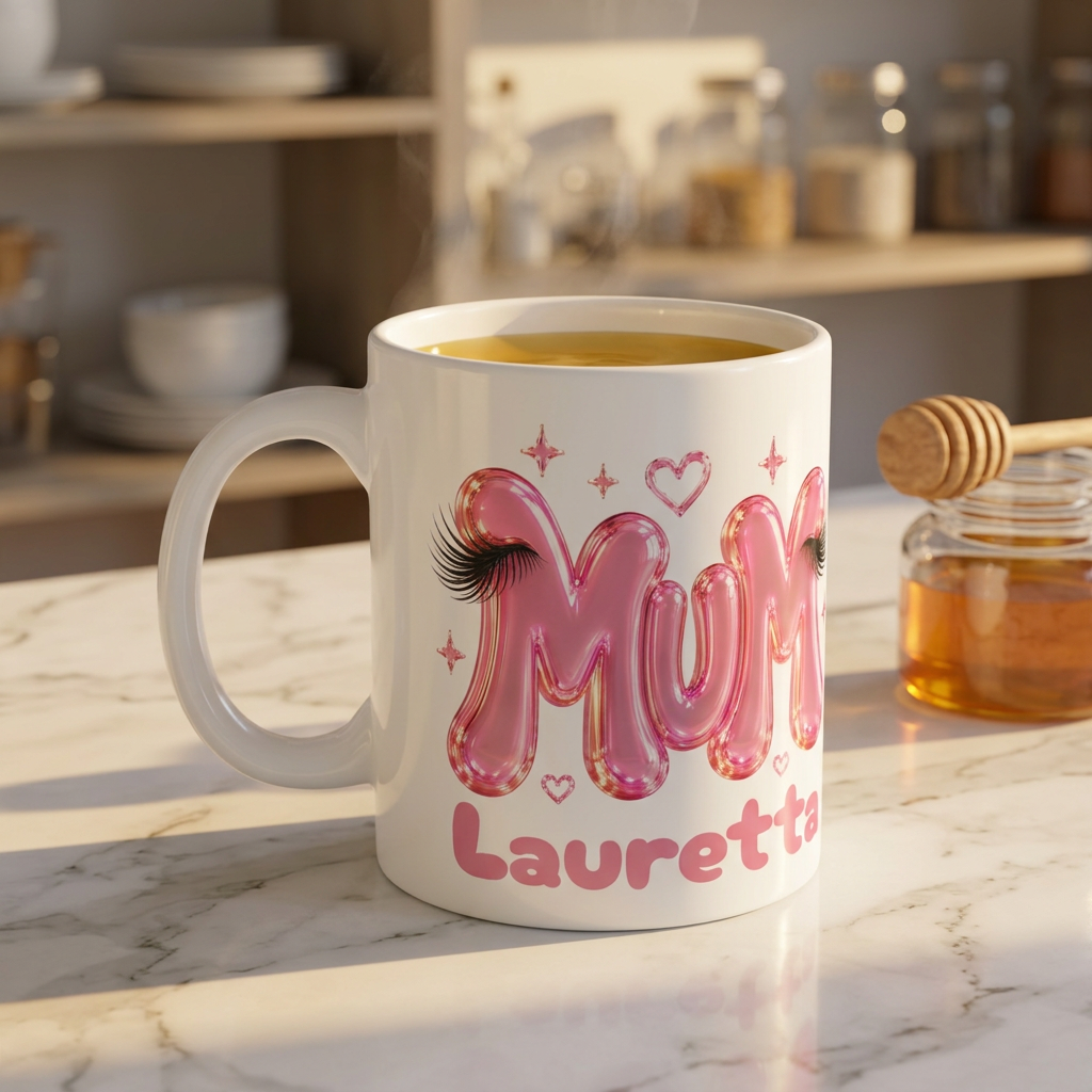 MUM Personalised Pink Balloon Eyelashes Mug