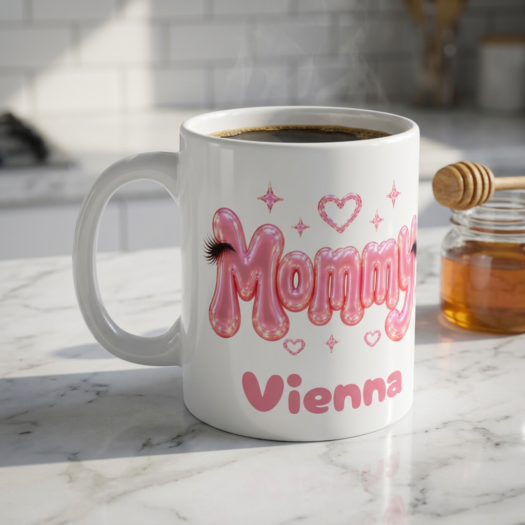 MOMMY Personalized Pink Balloon Eyelashes Mug