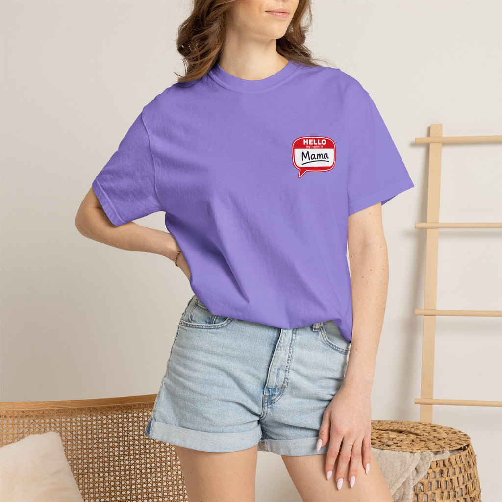 Hello Mama Pocket T‑Shirt — Cute 'Hello Mama' Name Tag Graphic Tee for New and Expecting Moms