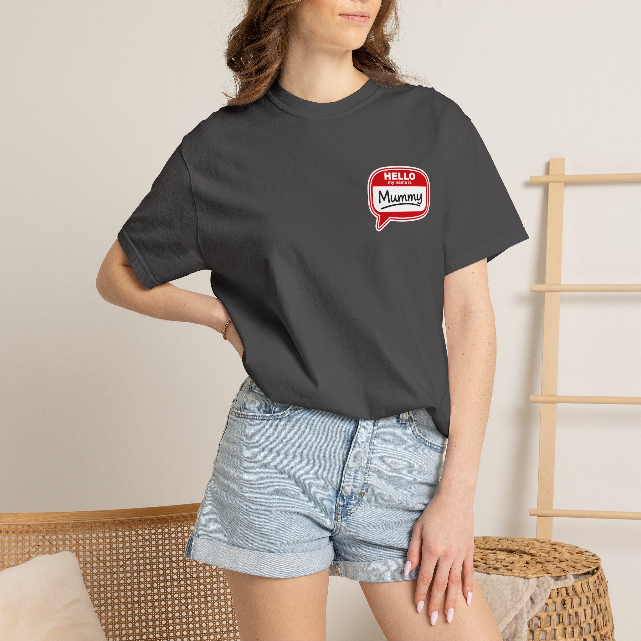T-Shirt — "Hello Mummy" Retro Name-Tag Graphic
