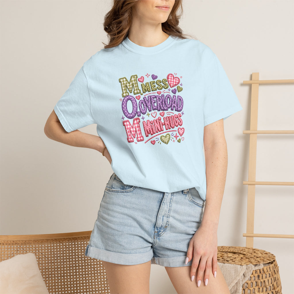 Mess, Overload, Mini-Hugs Hugs T-Shirt — Cute Hand-Lettered Mom Vibes Tee