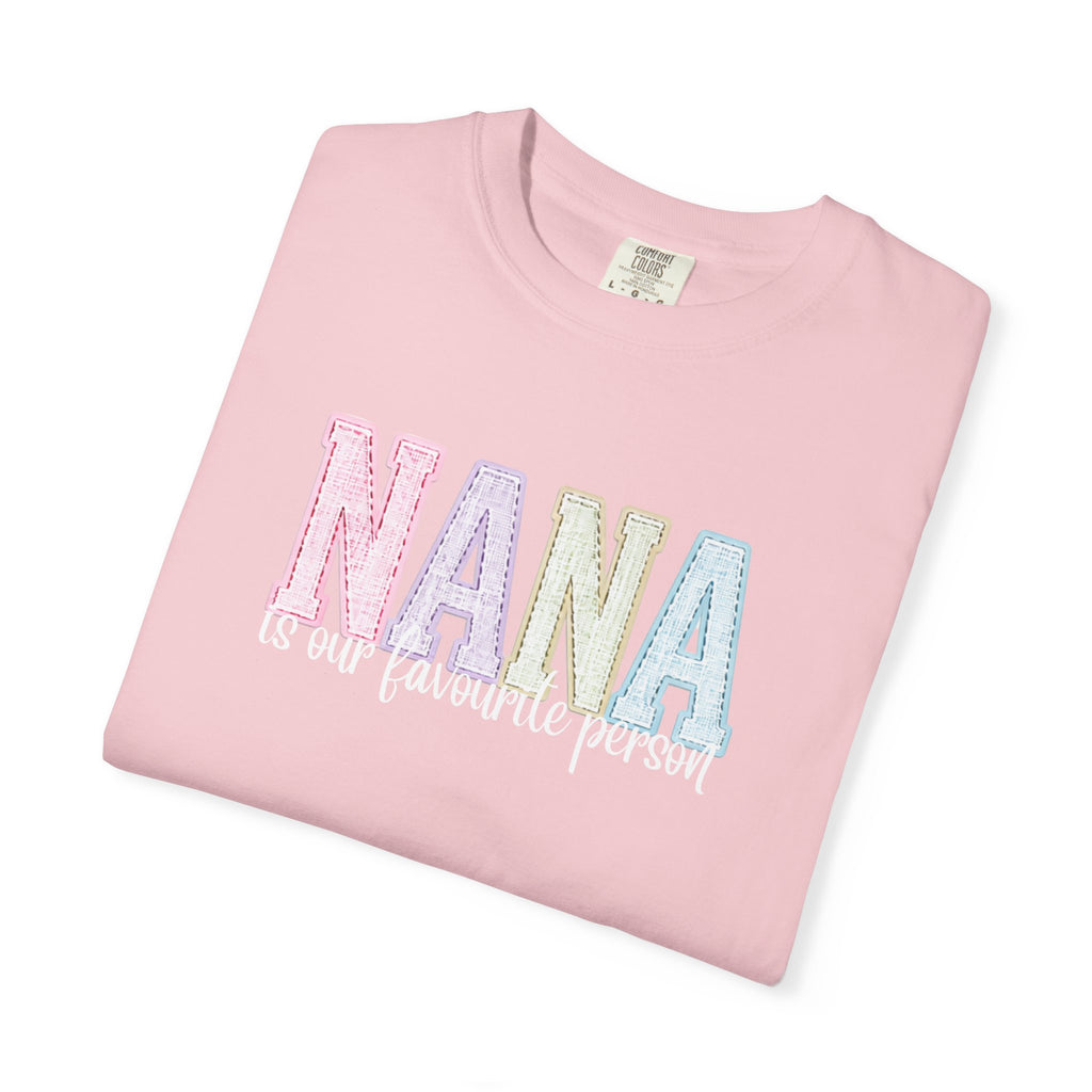 Nana Pastel Patchwork Tee — Soft White "NANA" Graphic T-Shirt for Grandmothers