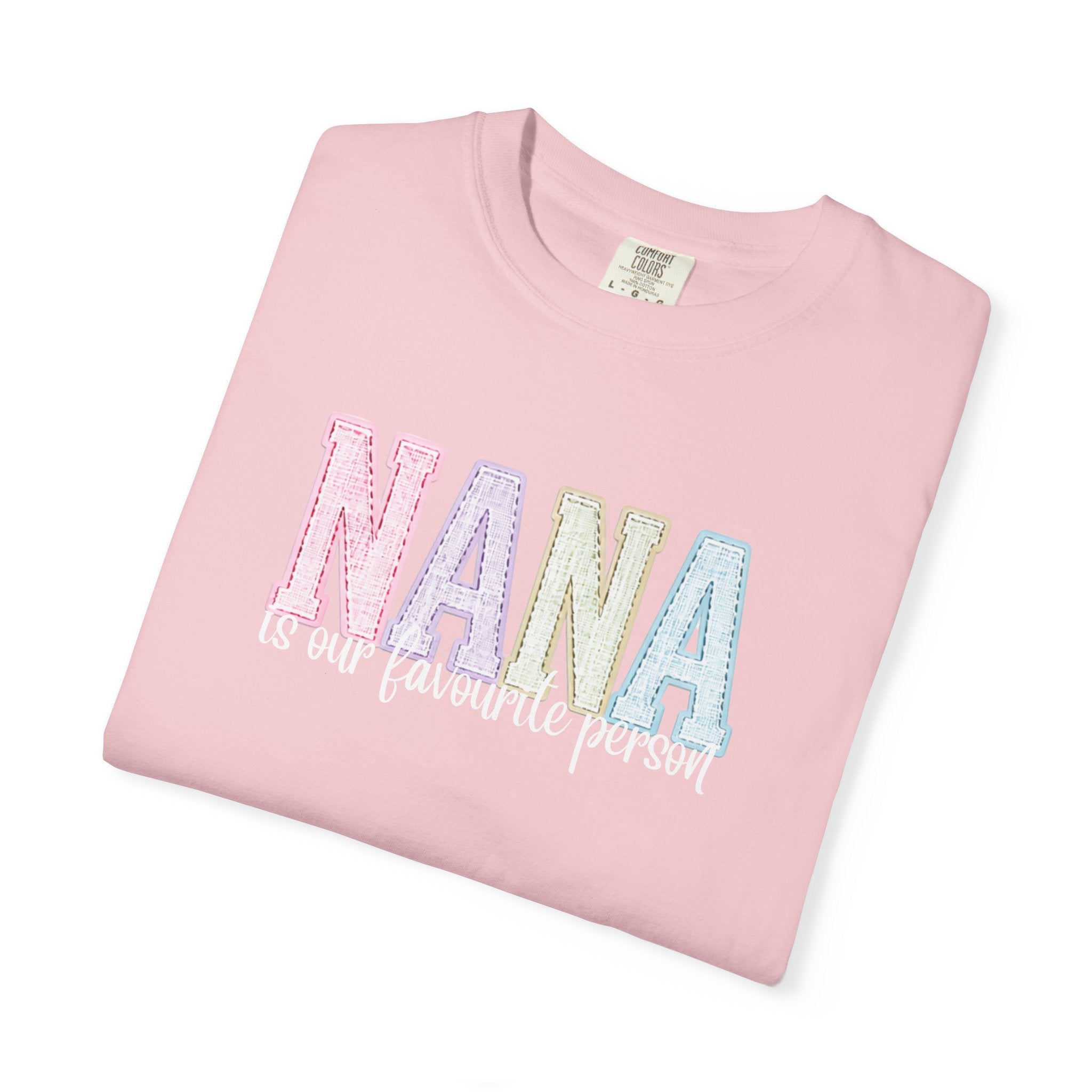 Nana Pastel Patchwork Tee — Soft White "NANA" Graphic T-Shirt for Grandmothers