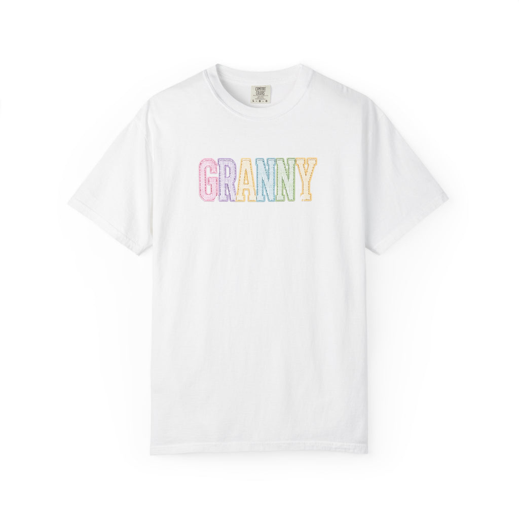Granny Pastel Patchwork T-Shirt — Retro Rainbow 'GRANNY' Graphic Tee