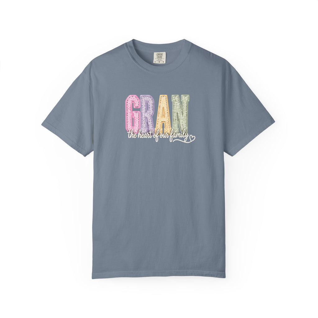 Gran Floral Script T-Shirt — "the heart of my family" Sage Garment-Dyed Tee