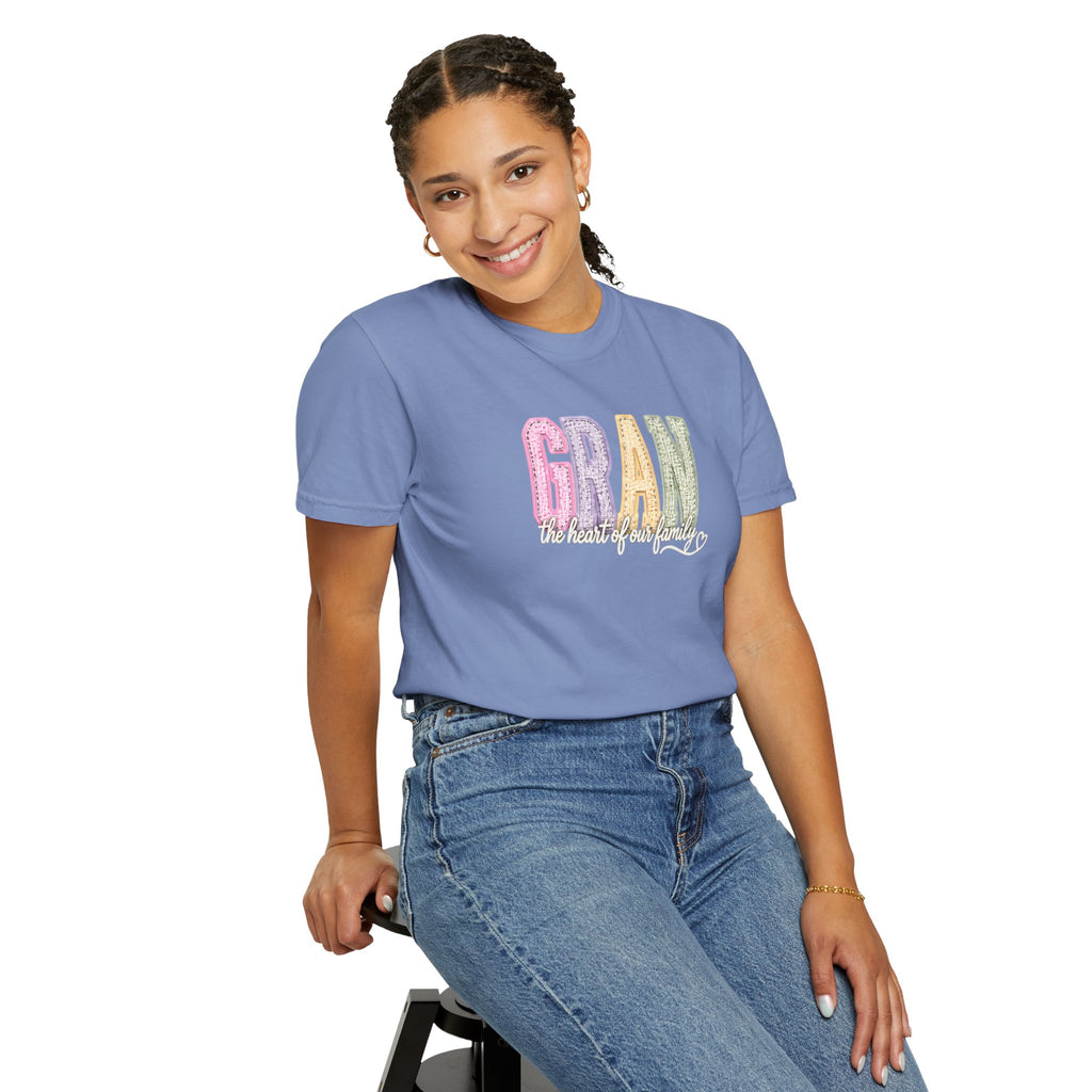 Gran Floral Script T-Shirt — "the heart of my family" Sage Garment-Dyed Tee
