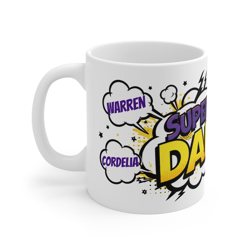 Super Dad Comic-Style 11oz Coffee Mug — Personalized Names (e.g., Warren, Cordelia)