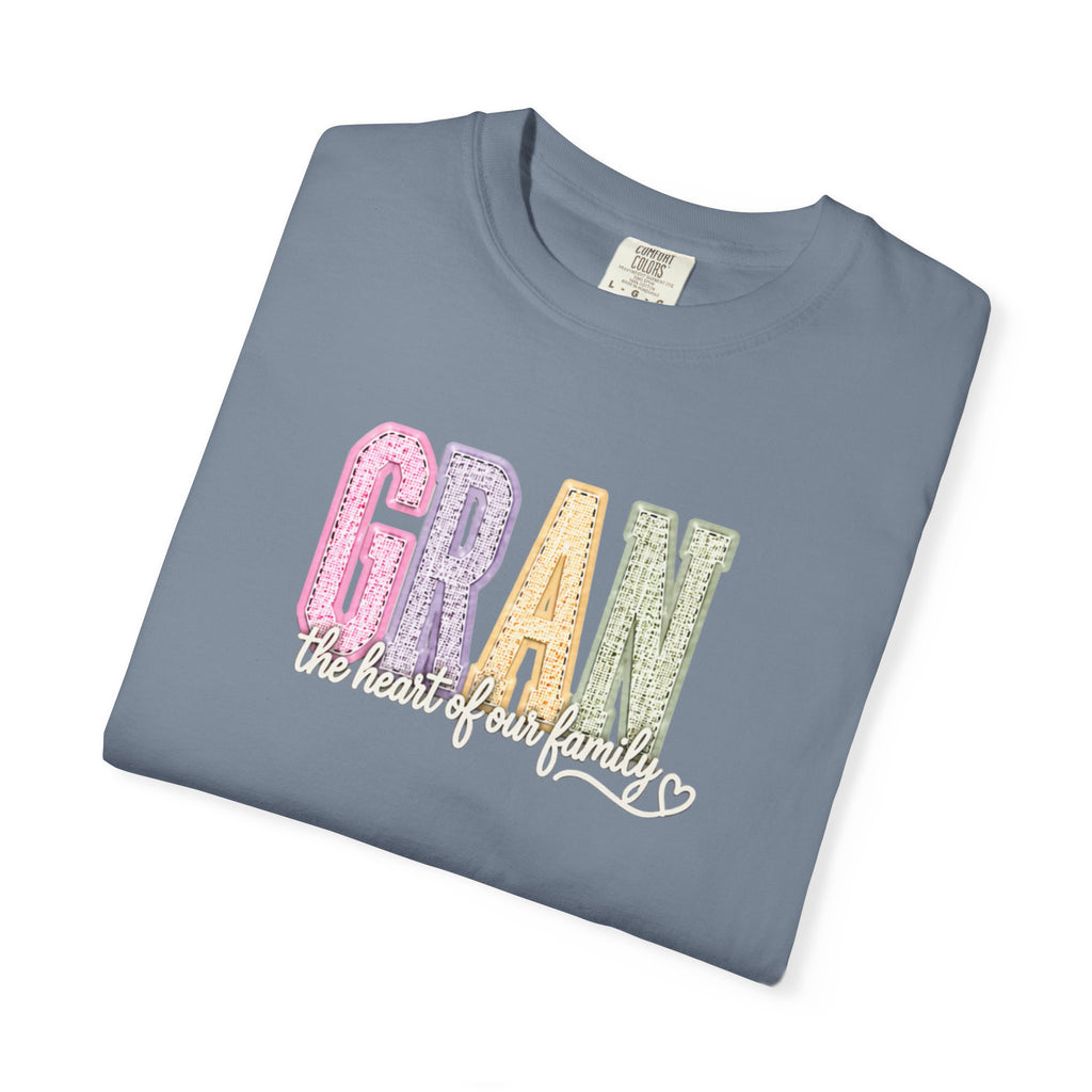 Gran Floral Script T-Shirt — "the heart of my family" Sage Garment-Dyed Tee