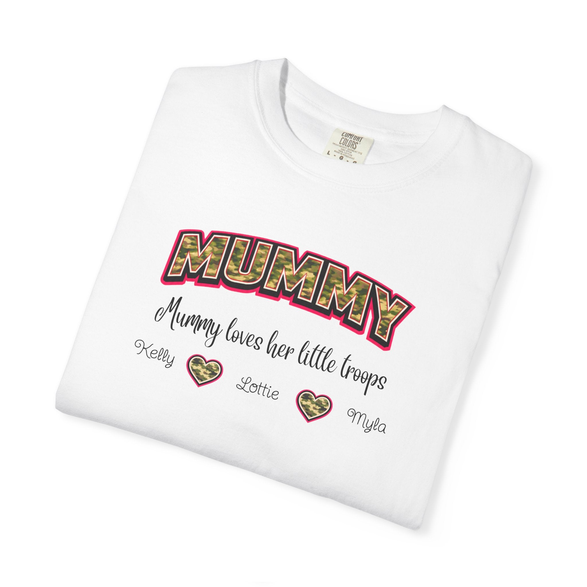 Mummy Camo Heart Graphic T-Shirt — "Mummy, leave her little layers" Retro Mum Tee