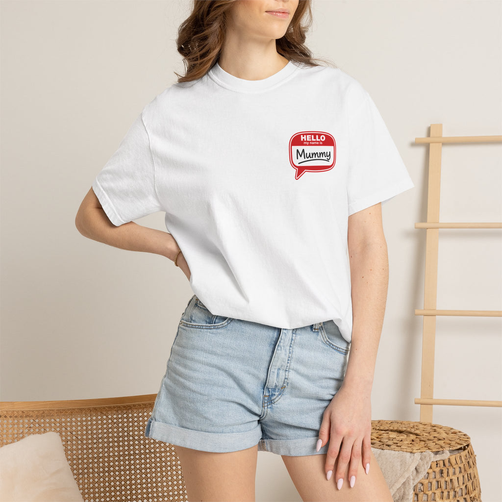 T-Shirt — "Hello Mummy" Retro Name-Tag Graphic