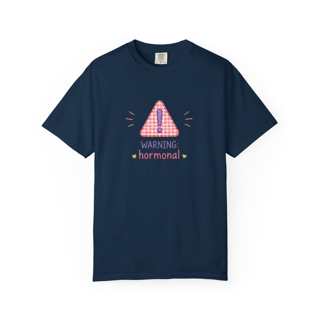 T-Shirt — "Warning: Hormonal" Cute Pink Gingham Alert Graphic