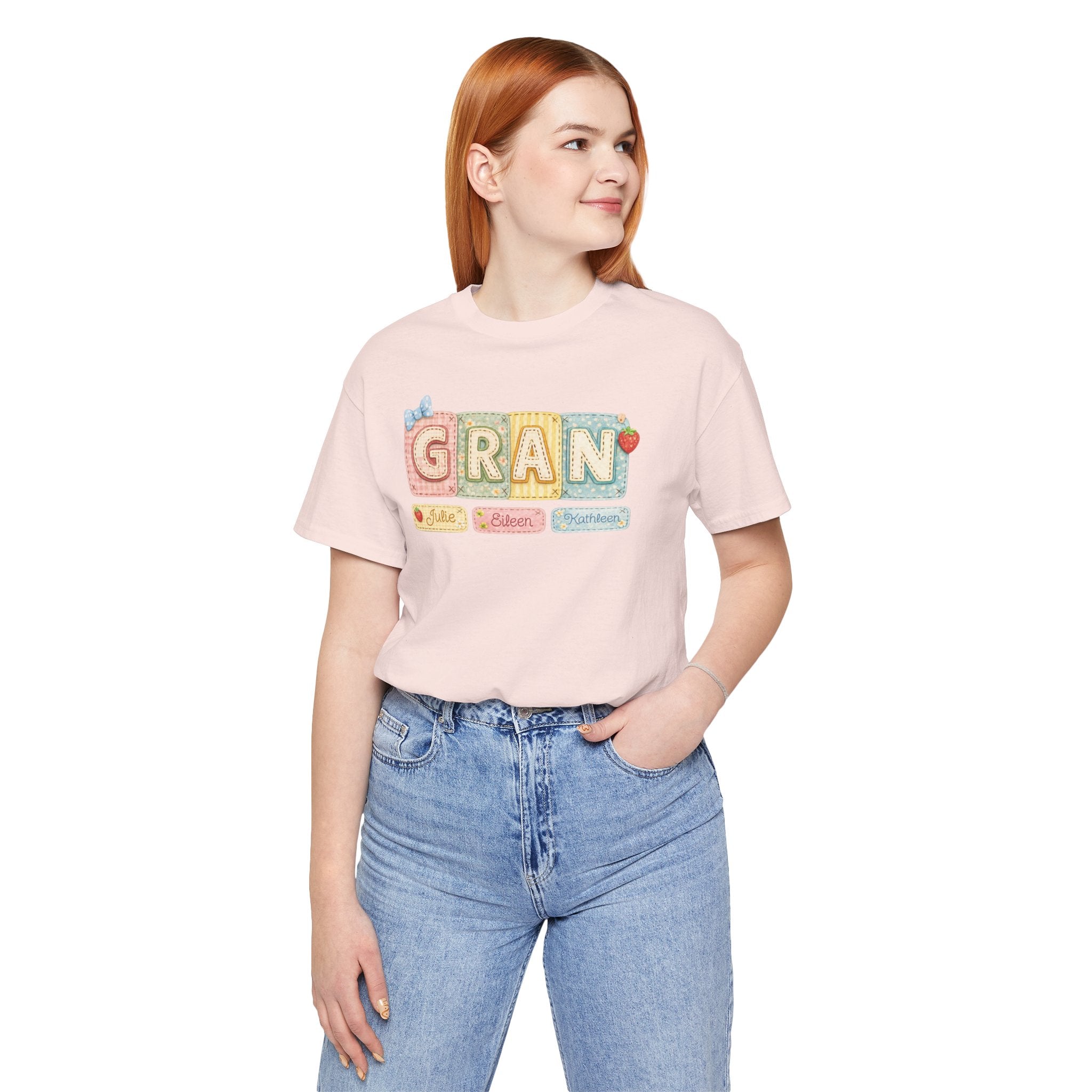 Gran Retro Patch Tee — Personalized 'Gran' Name Blocks Short Sleeve Shirt