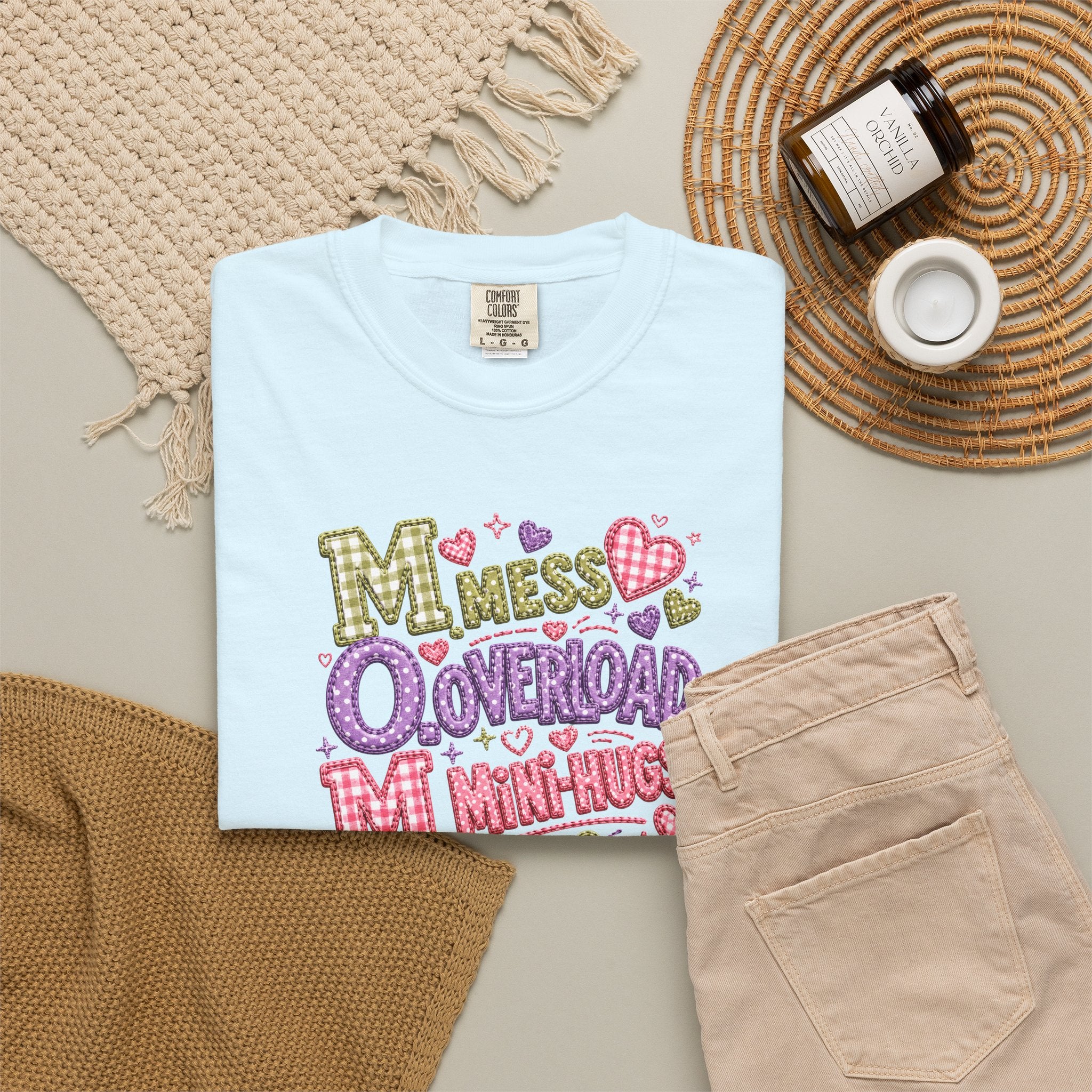 Mess, Overload, Mini-Hugs Hugs T-Shirt — Cute Hand-Lettered Mom Vibes Tee