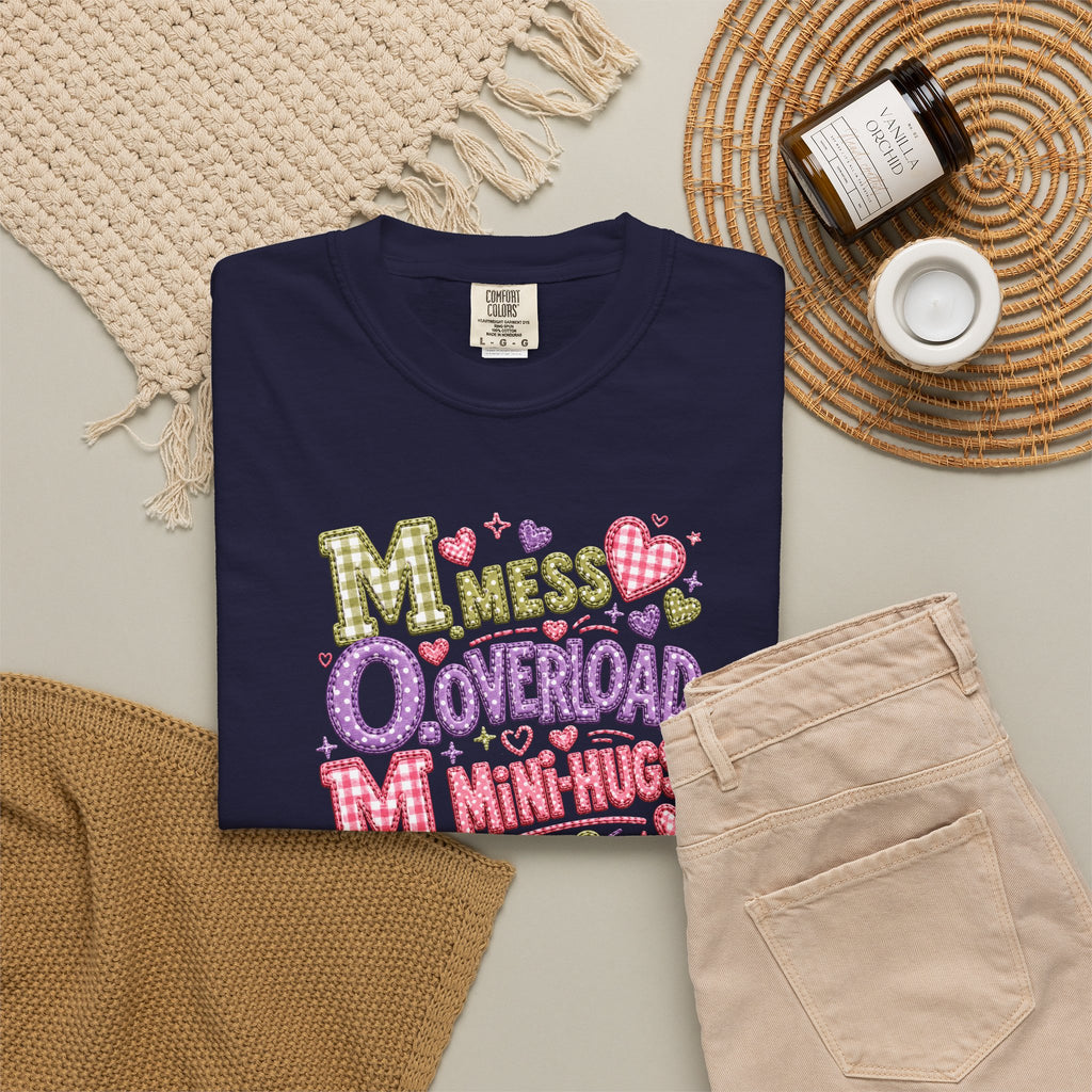 Mess, Overload, Mini-Hugs Hugs T-Shirt — Cute Hand-Lettered Mom Vibes Tee