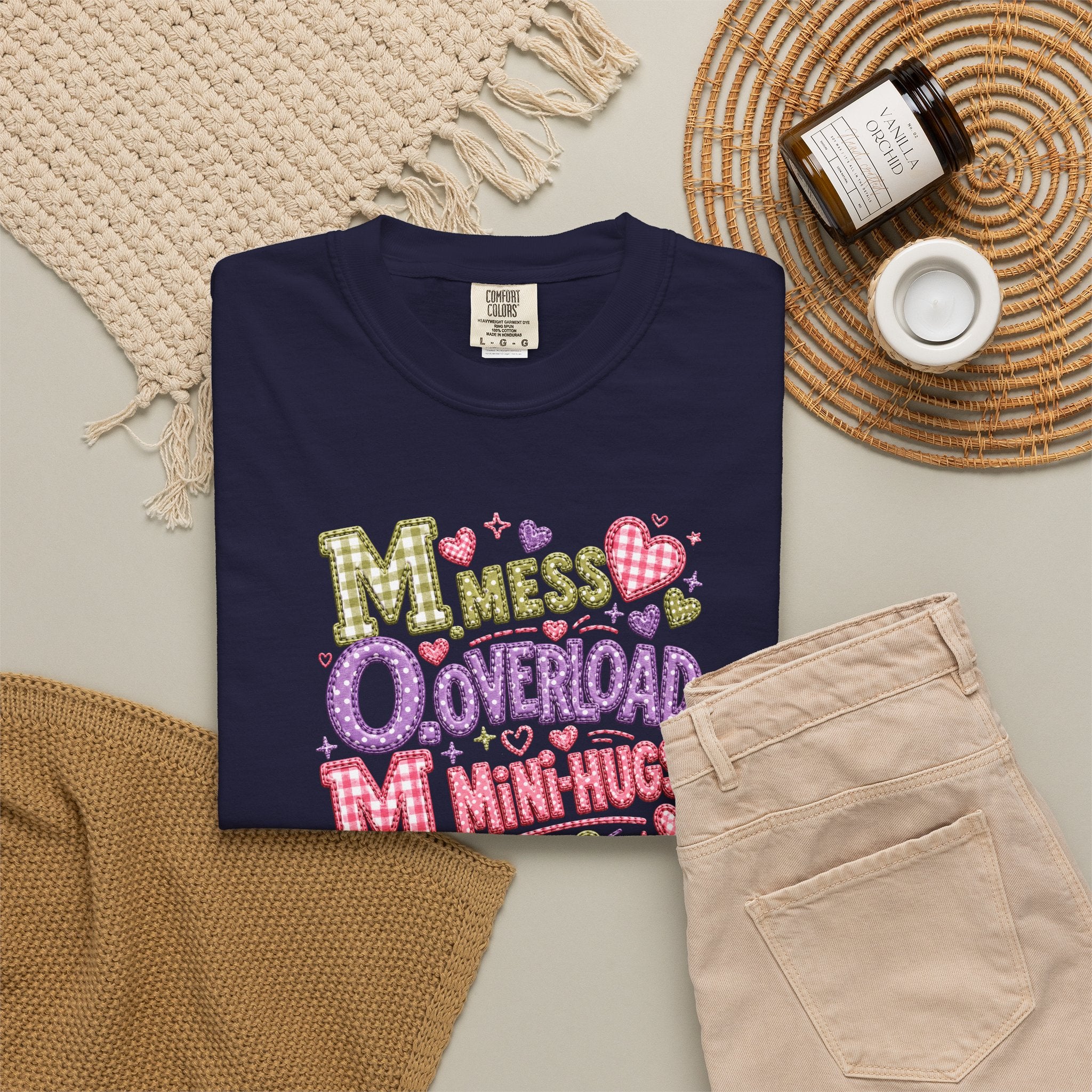 Mess, Overload, Mini-Hugs Hugs T-Shirt — Cute Hand-Lettered Mom Vibes Tee
