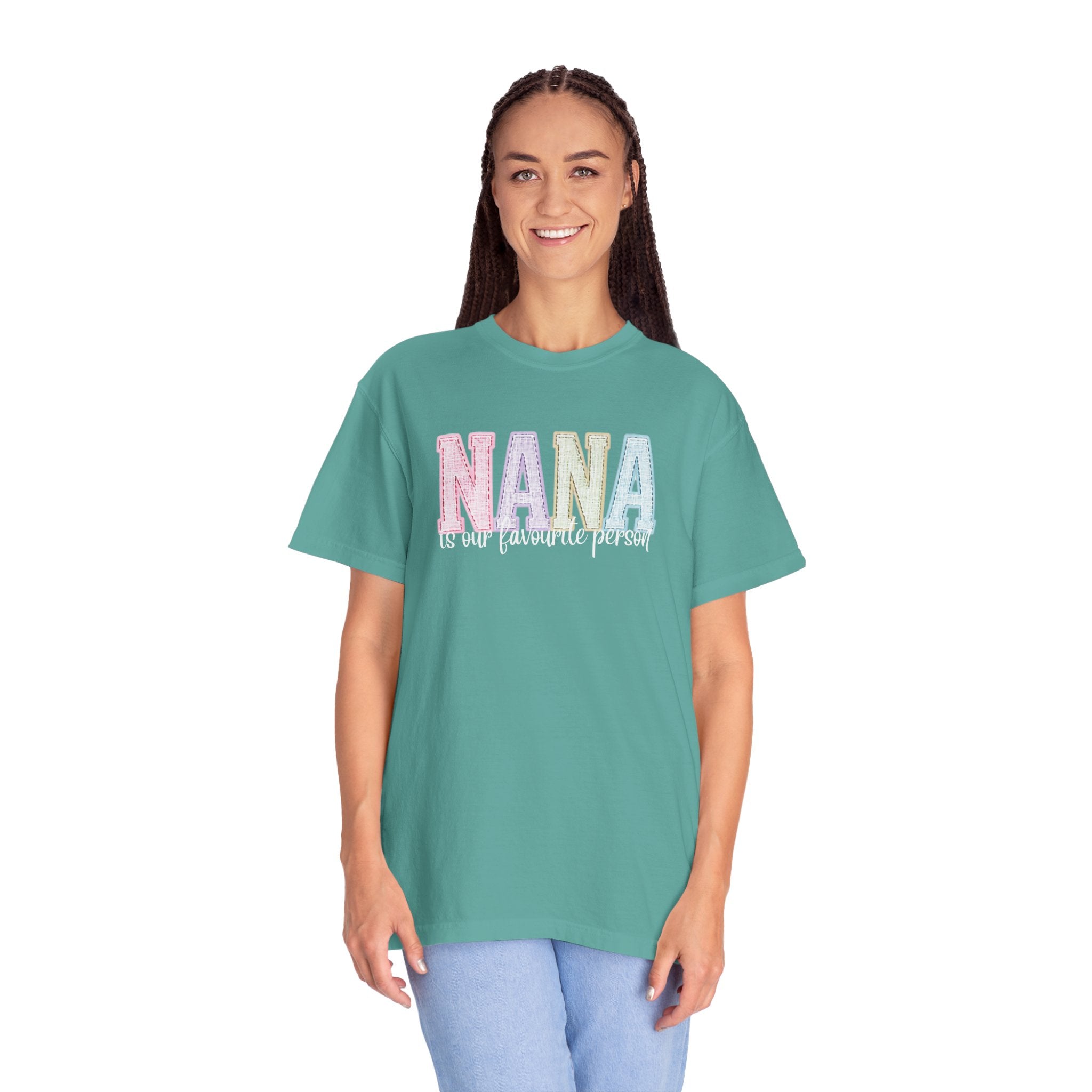 Nana Pastel Patchwork Tee — Soft White "NANA" Graphic T-Shirt for Grandmothers
