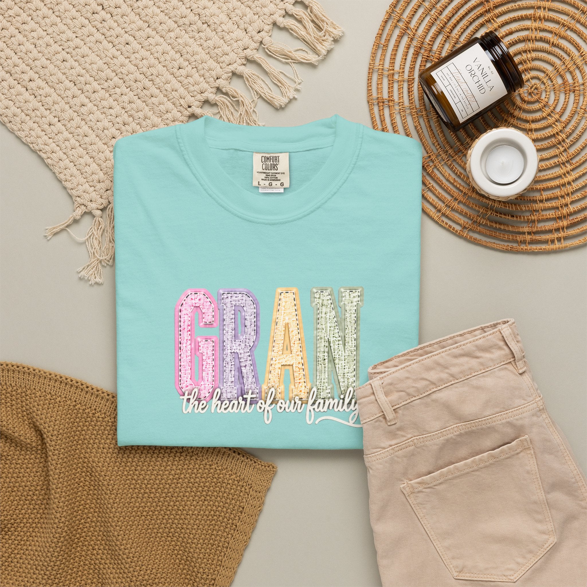Gran Floral Script T-Shirt — "the heart of my family" Sage Garment-Dyed Tee